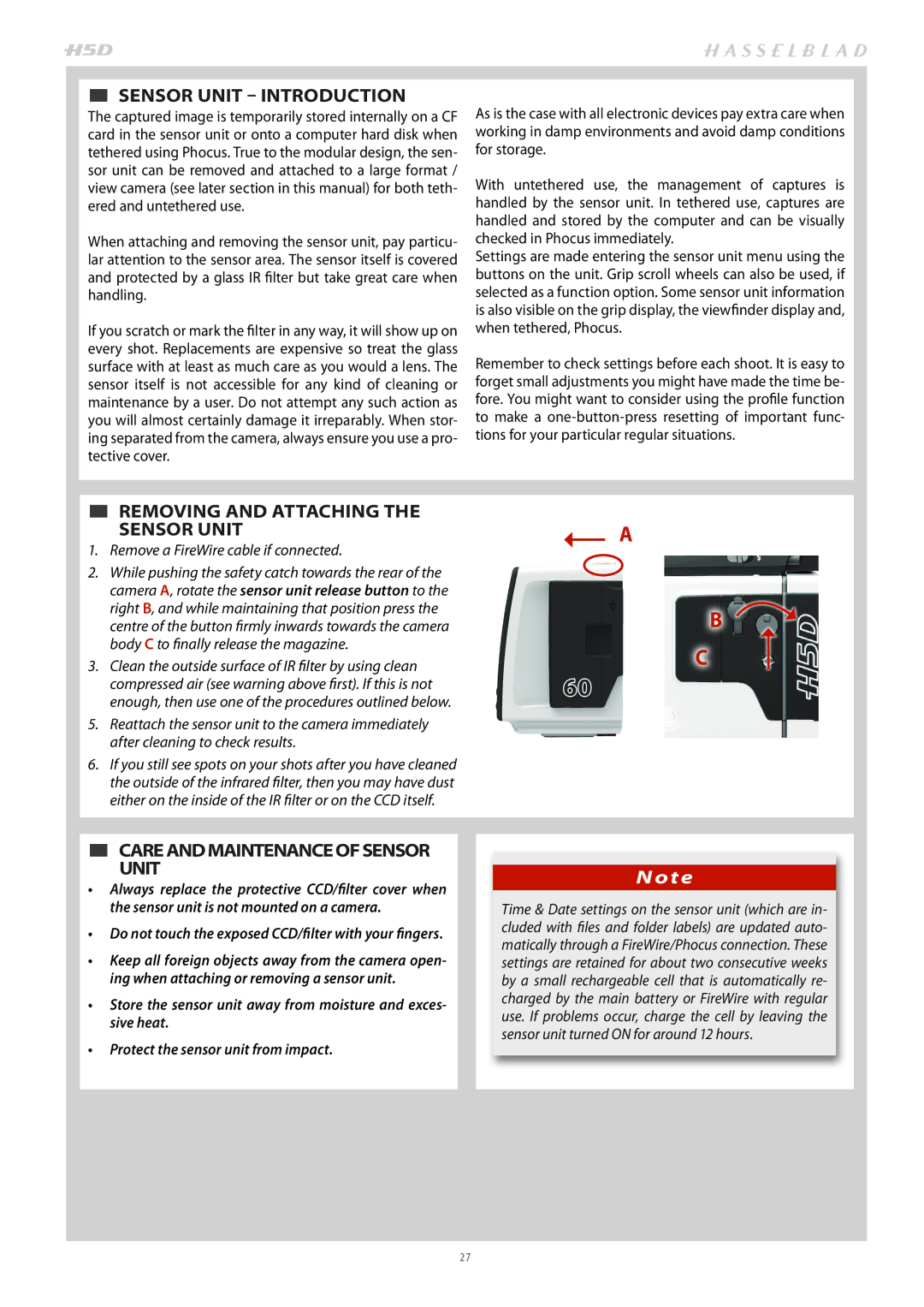 Hasselblad H4D200MS  SENSOR Unit Introduction,  REMOVING and Attaching Sensor Unit,  CAREANDMAINTENANCEOFSENSOR Unit 